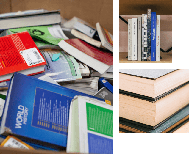 Surplus and unneeded books chaotically piled in a school warehouse
